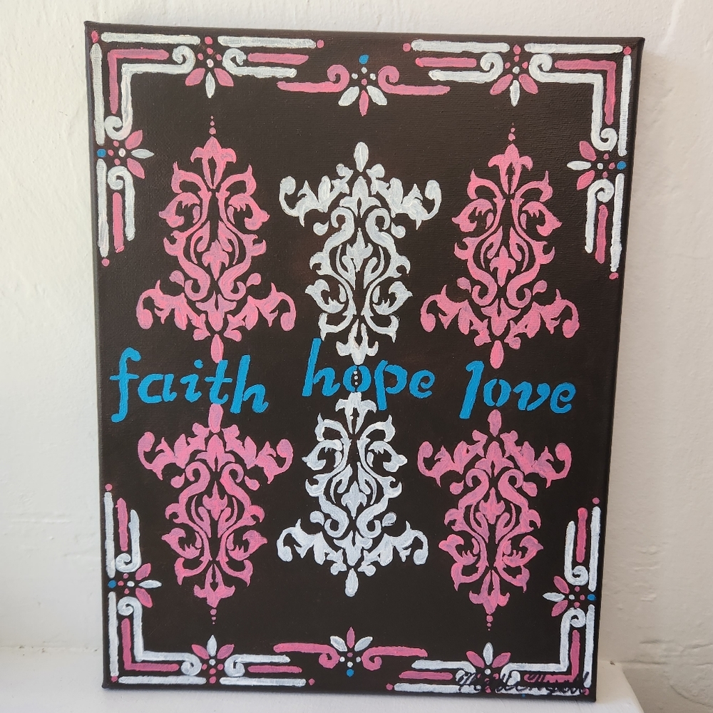 "The 3 Keys" original art hand painted acrylic canvas Faith Hope Love decor